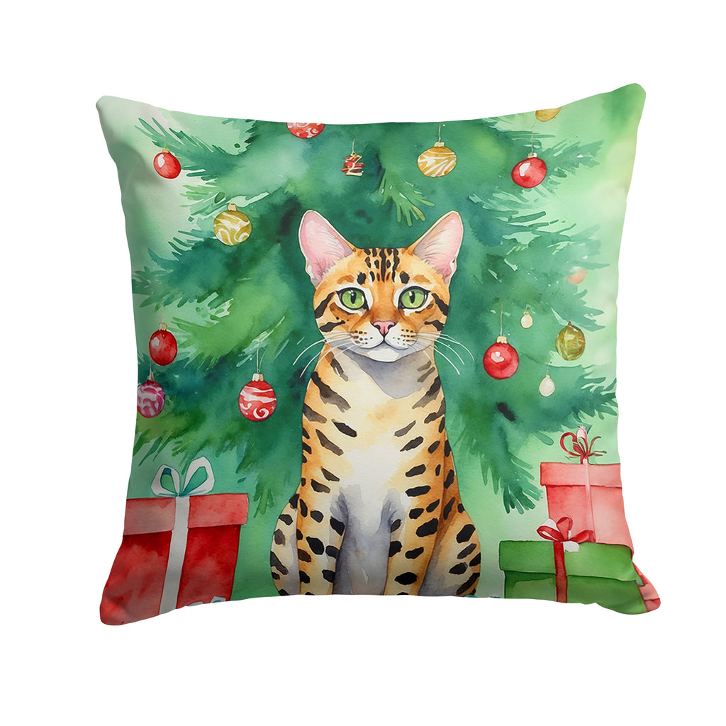 Bengal Cat By the Christmas Tree Decorative Throw Pillow 14x14 Indoor Outdoor Accent Cushion, Fabric Cover with Insert for Sofa, Bed, Porch & Living Room