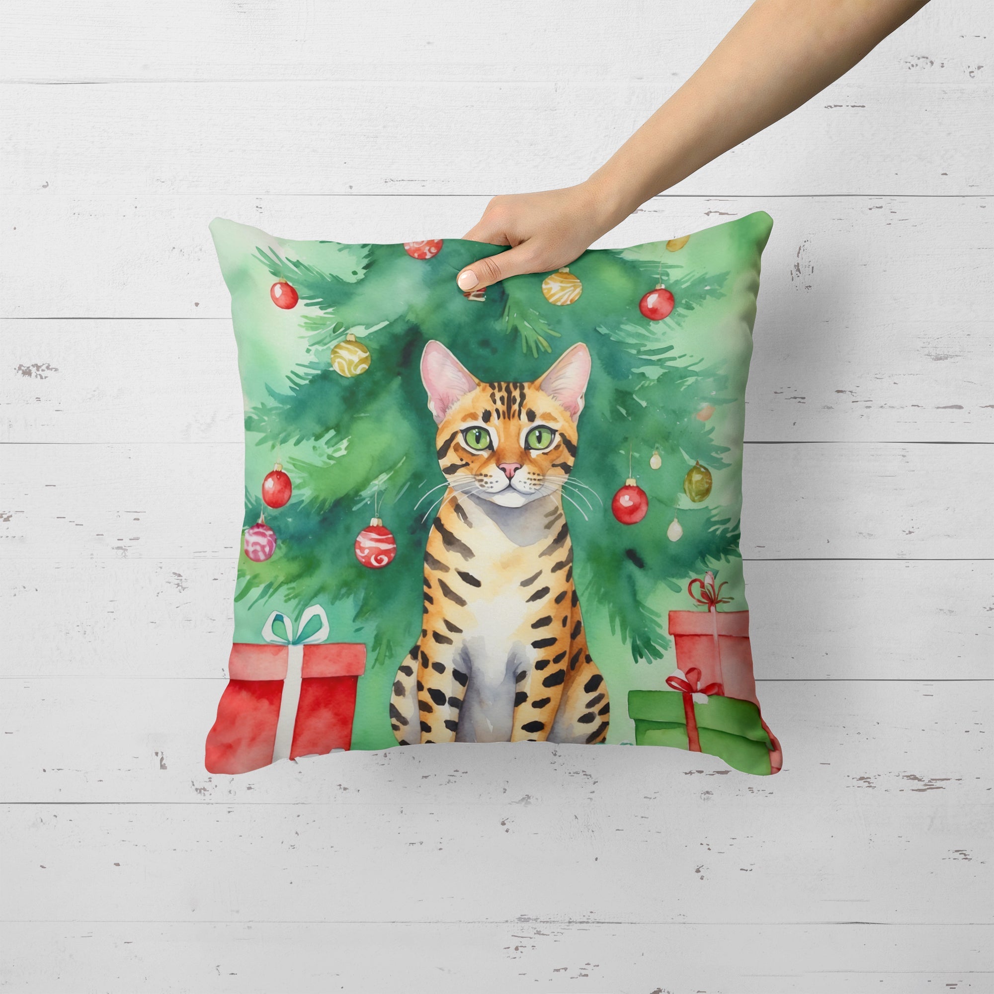 Bengal Cat By the Christmas Tree Decorative Throw Pillow 18x18 Indoor Outdoor Accent Cushion, Fabric Cover with Insert for Sofa, Bed, Porch & Living Room
