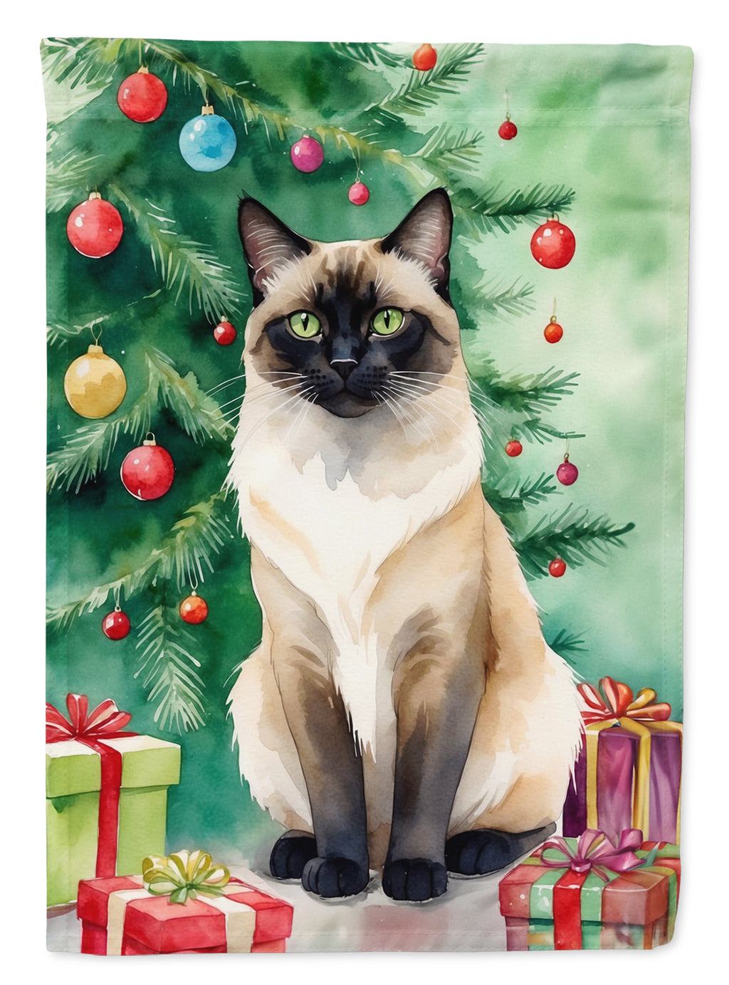 Birman Cat By the Christmas Tree House Flag 28x40 Porch Sleeve Pole Decorative Outside Yard Banner Artwork Wall Hanging, Polyester