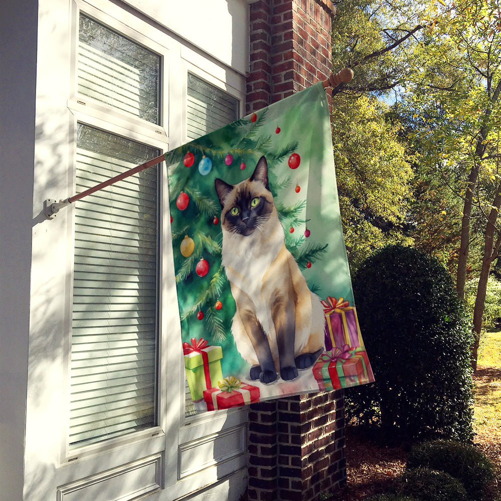 Birman Cat By the Christmas Tree House Flag 28x40 Porch Sleeve Pole Decorative Outside Yard Banner Artwork Wall Hanging, Polyester