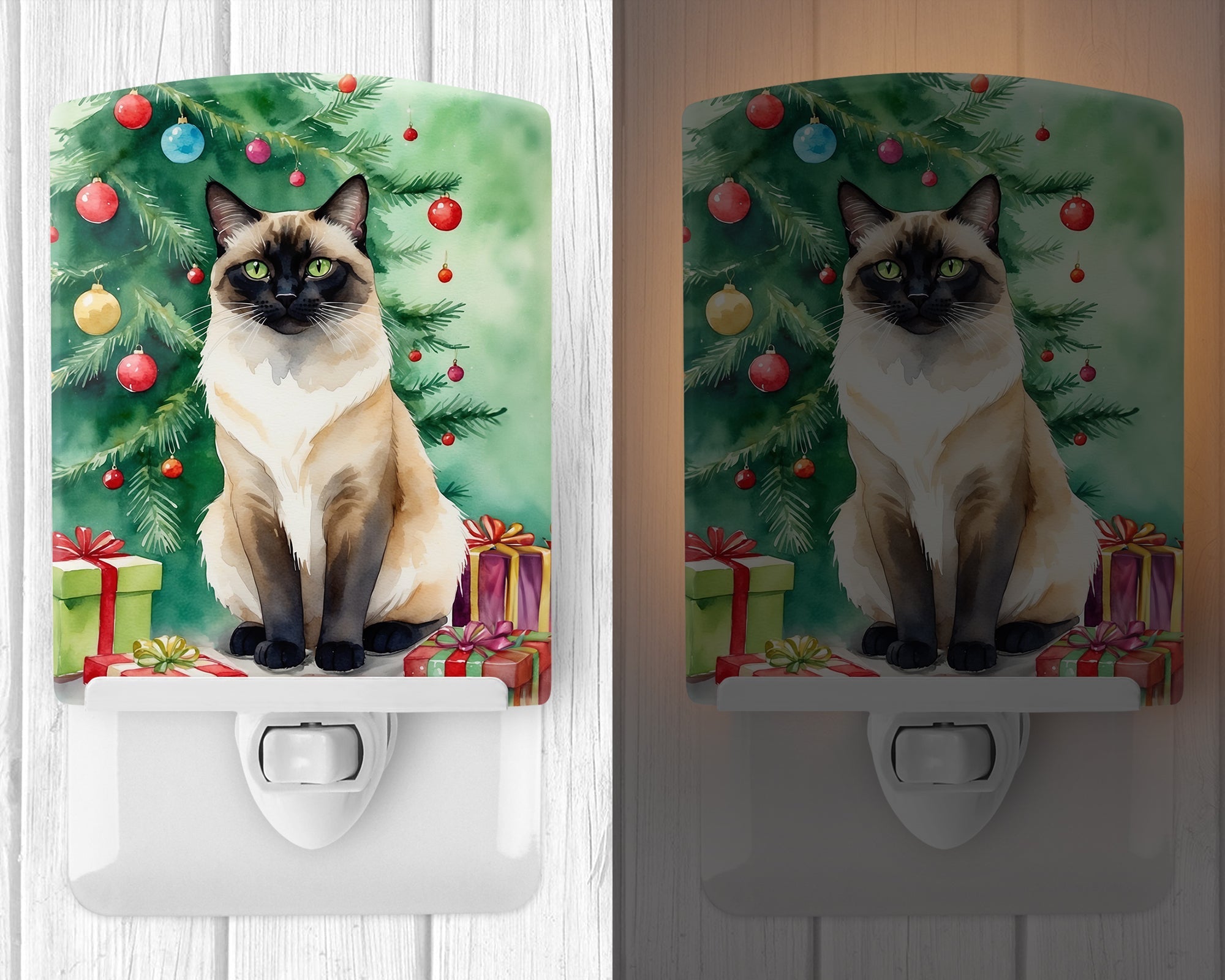 Birman Cat By the Christmas Tree Ceramic Night Light Compact, UL-Certified, Ideal for Bedroom, Bathroom, Nursery, Hallway, Kitchen, 6x4x3, Multicolor