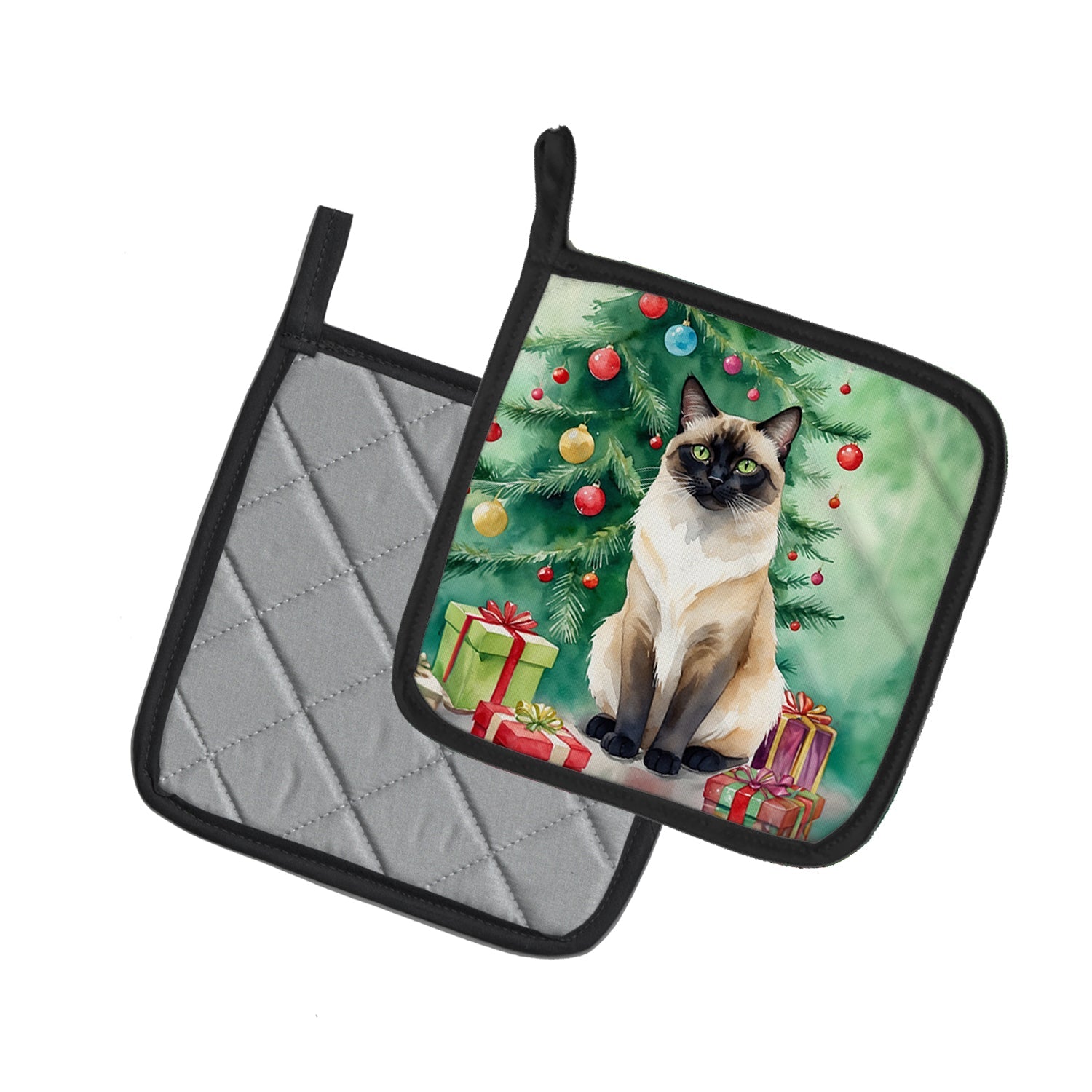 Birman Cat By the Christmas Tree Pot Holder Set of 2 Heat Resistant Quilted Hot Pads 7.5 x 7.5 Inch, Insulated Kitchen Trivets for Cooking & Baking