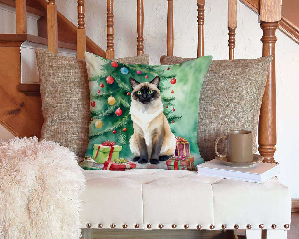 Birman Cat By the Christmas Tree Decorative Throw Pillow 14x14 Indoor Outdoor Accent Cushion, Fabric Cover with Insert for Sofa, Bed, Porch & Living Room