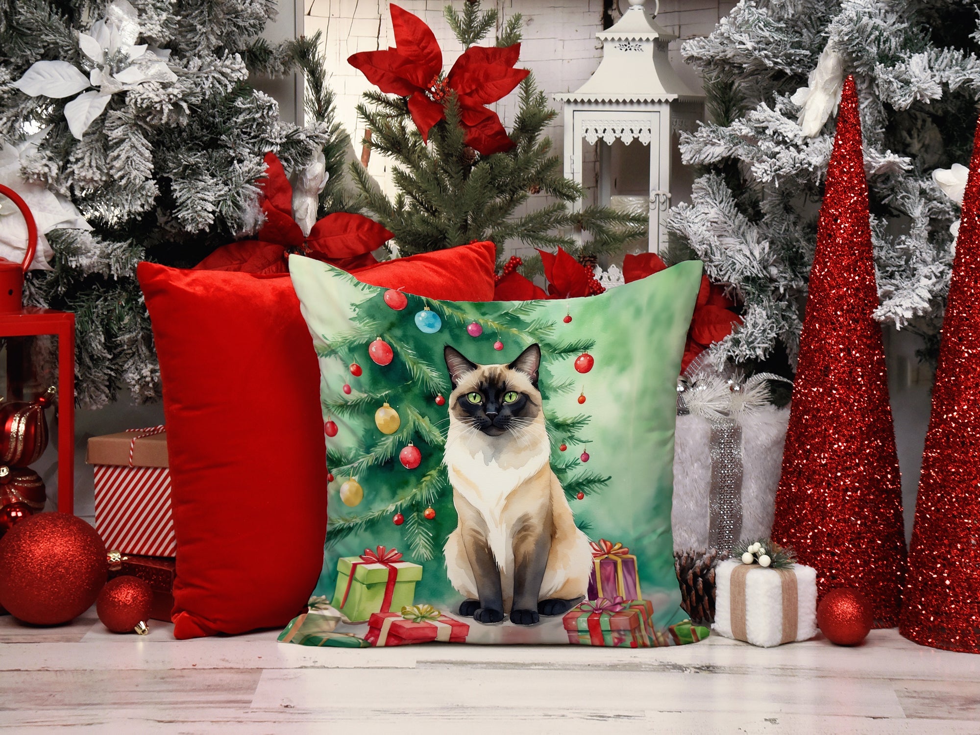 Birman Cat By the Christmas Tree Decorative Throw Pillow 18x18 Indoor Outdoor Accent Cushion, Fabric Cover with Insert for Sofa, Bed, Porch & Living Room