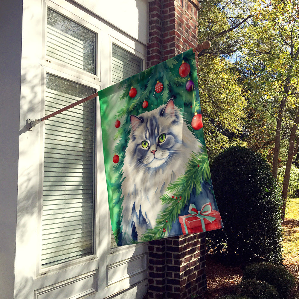 British Longhair Cat By the Christmas Tree House Flag 28x40 Porch Sleeve Pole Decorative Outside Yard Banner Artwork Wall Hanging, Polyester