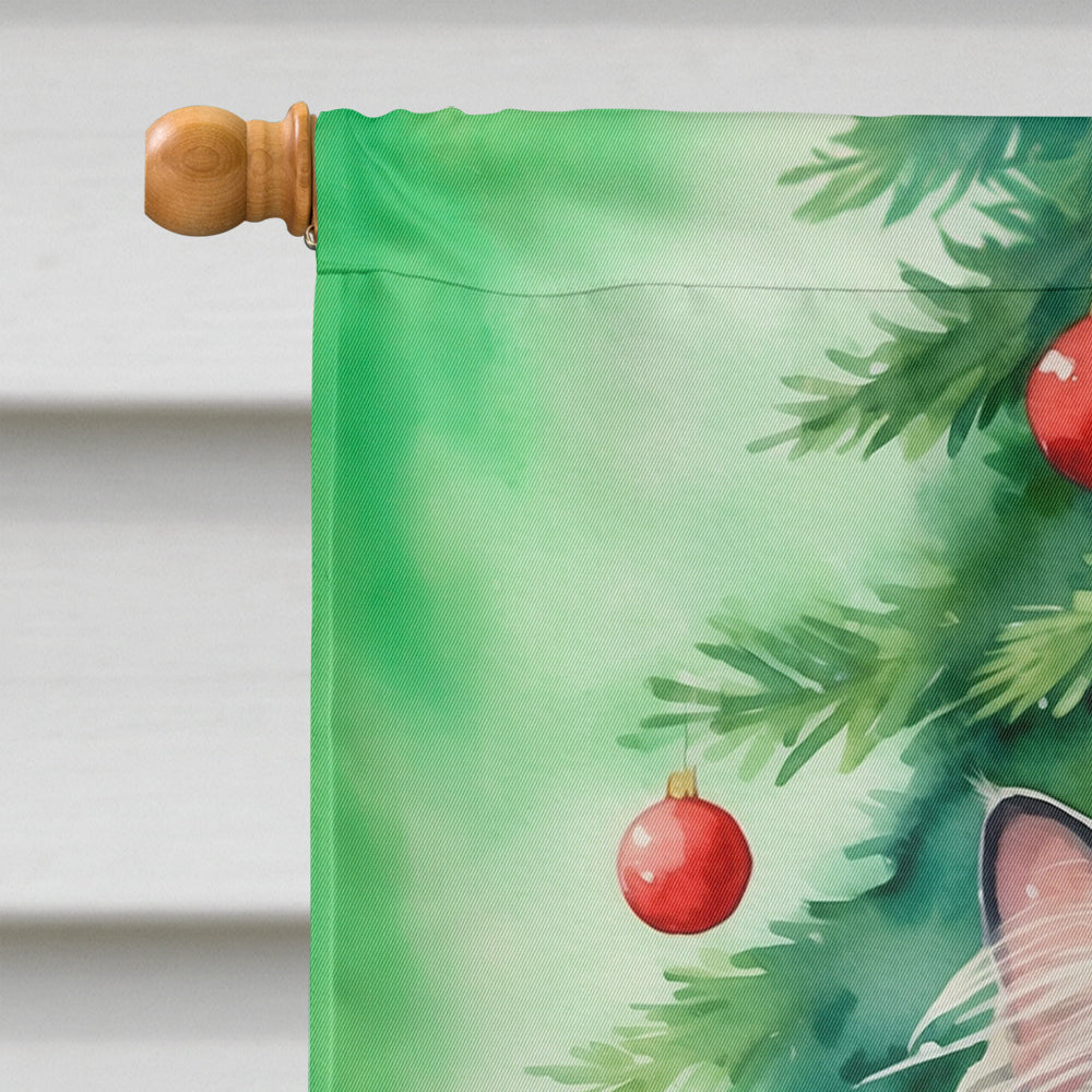 British Longhair Cat By the Christmas Tree House Flag 28x40 Porch Sleeve Pole Decorative Outside Yard Banner Artwork Wall Hanging, Polyester