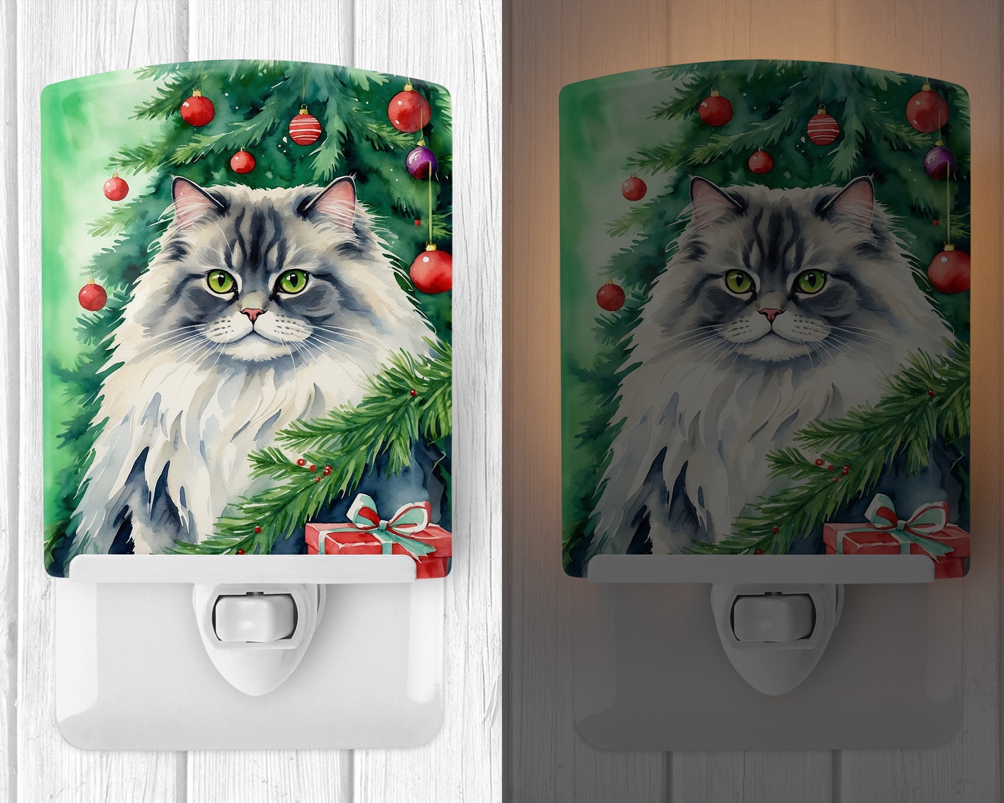 British Longhair Cat By the Christmas Tree Ceramic Night Light Compact, UL-Certified, Ideal for Bedroom, Bathroom, Nursery, Hallway, Kitchen, 6x4x3, Multicolor