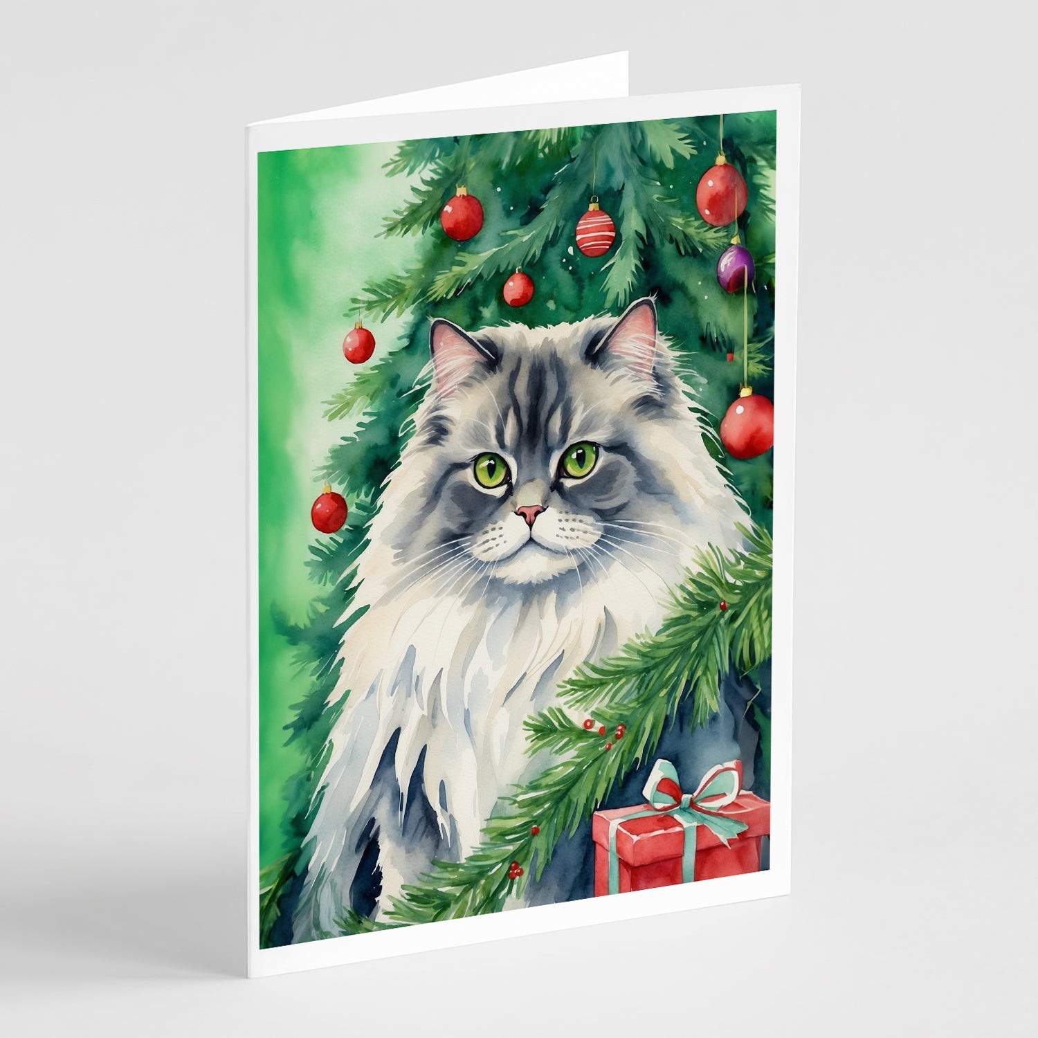 British Longhair Cat By the Christmas Tree Greeting Cards Pack of 8 Blank Cards with Envelopes Whimsical A7 Size 5x7