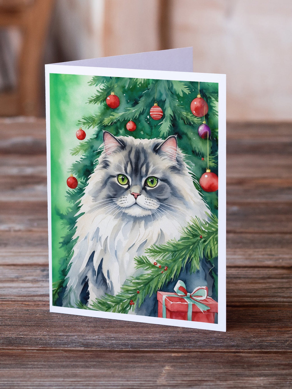 British Longhair Cat By the Christmas Tree Greeting Cards Pack of 8 Blank Cards with Envelopes Whimsical A7 Size 5x7