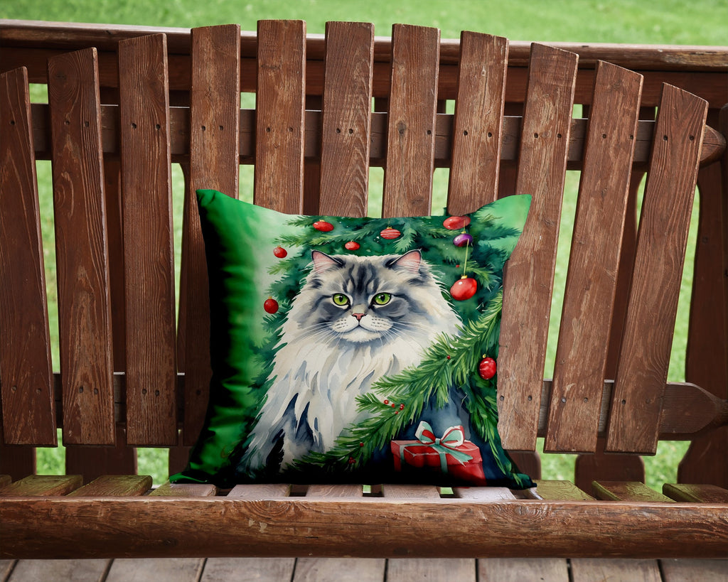British Longhair Cat By the Christmas Tree Decorative Throw Pillow 14x14 Indoor Outdoor Accent Cushion, Fabric Cover with Insert for Sofa, Bed, Porch & Living Room