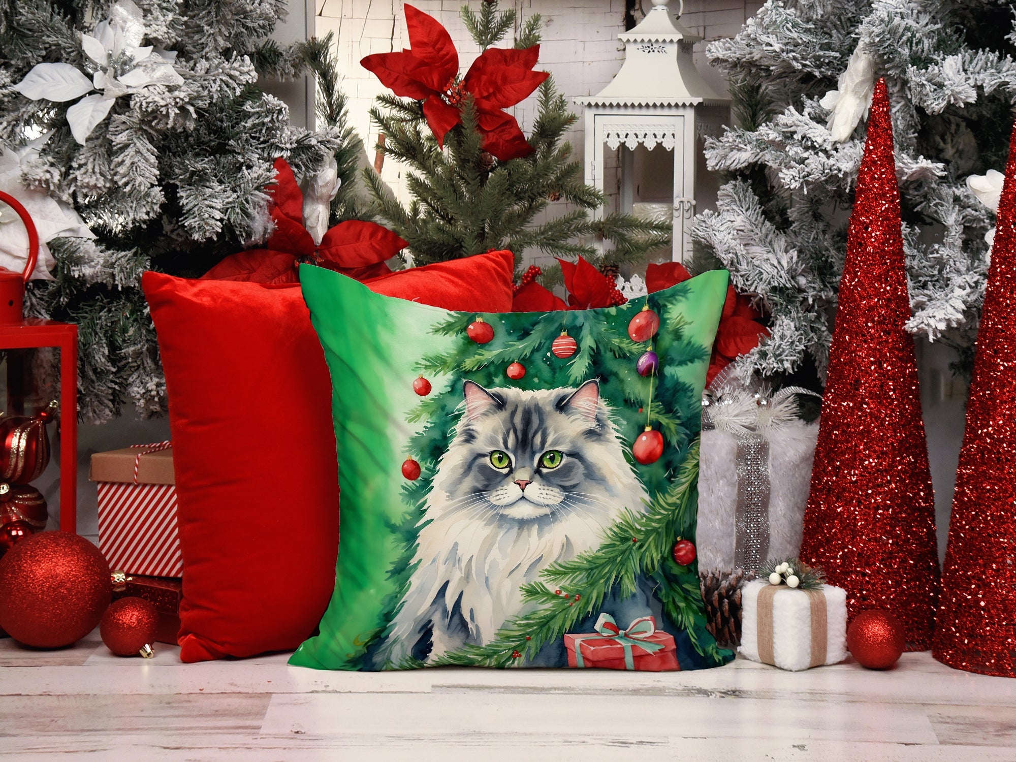 British Longhair Cat By the Christmas Tree Decorative Throw Pillow 18x18 Indoor Outdoor Accent Cushion, Fabric Cover with Insert for Sofa, Bed, Porch & Living Room
