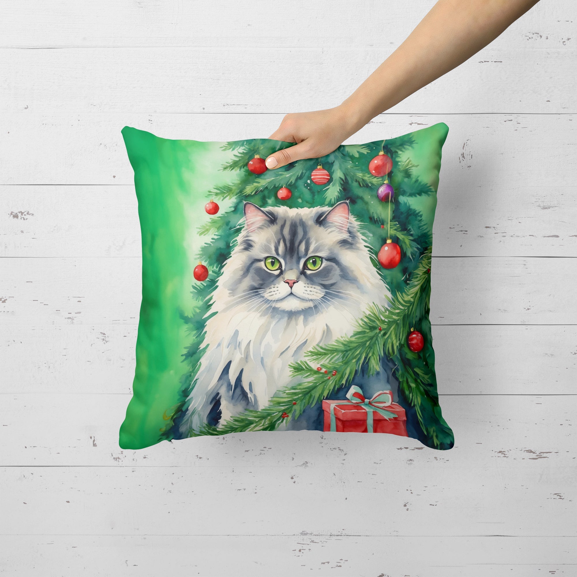British Longhair Cat By the Christmas Tree Decorative Throw Pillow 18x18 Indoor Outdoor Accent Cushion, Fabric Cover with Insert for Sofa, Bed, Porch & Living Room
