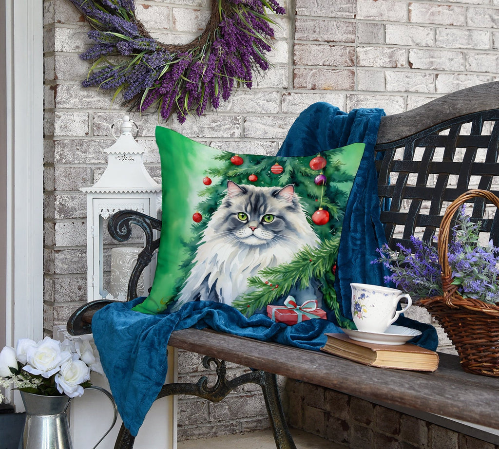 British Longhair Cat By the Christmas Tree Decorative Throw Pillow 18x18 Indoor Outdoor Accent Cushion, Fabric Cover with Insert for Sofa, Bed, Porch & Living Room
