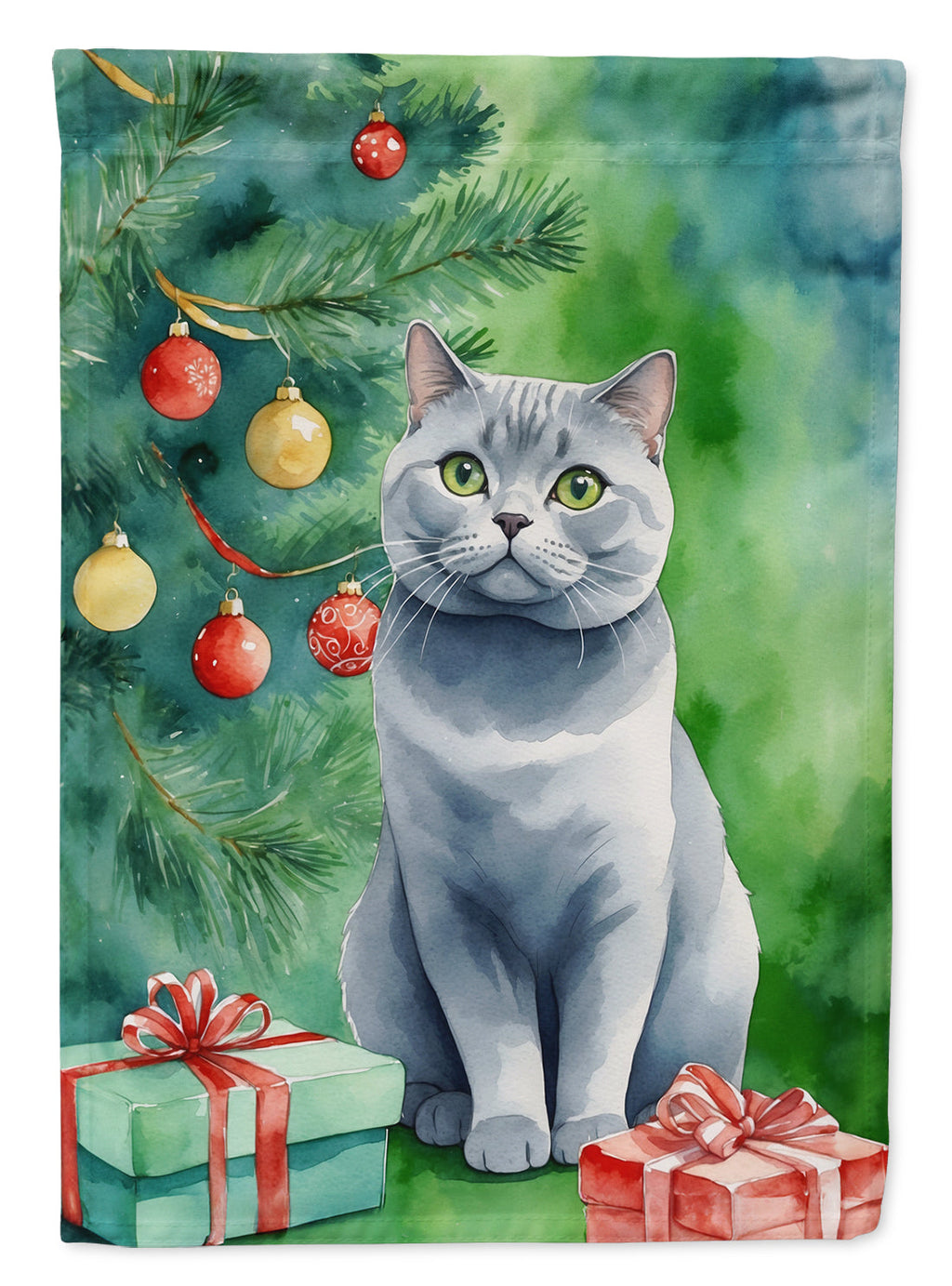 British Shorthair Cat By the Christmas Tree House Flag 28x40 Porch Sleeve Pole Decorative Outside Yard Banner Artwork Wall Hanging, Polyester