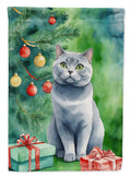 British Shorthair Cat By the Christmas Tree House Flag 28x40 Porch Sleeve Pole Decorative Outside Yard Banner Artwork Wall Hanging, Polyester