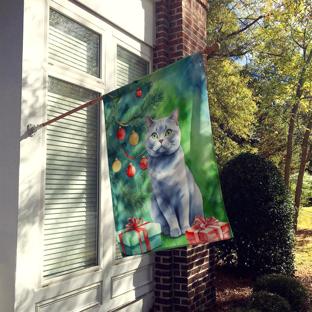 British Shorthair Cat By the Christmas Tree House Flag 28x40 Porch Sleeve Pole Decorative Outside Yard Banner Artwork Wall Hanging, Polyester