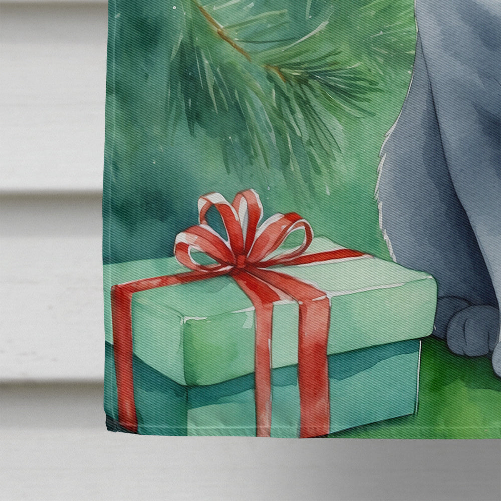 British Shorthair Cat By the Christmas Tree House Flag 28x40 Porch Sleeve Pole Decorative Outside Yard Banner Artwork Wall Hanging, Polyester