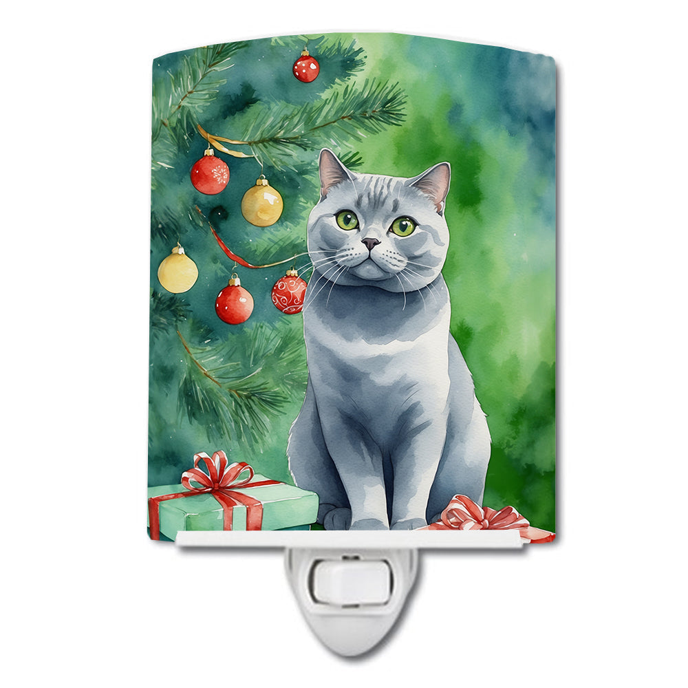 British Shorthair Cat By the Christmas Tree Ceramic Night Light Compact, UL-Certified, Ideal for Bedroom, Bathroom, Nursery, Hallway, Kitchen, 6x4x3, Multicolor