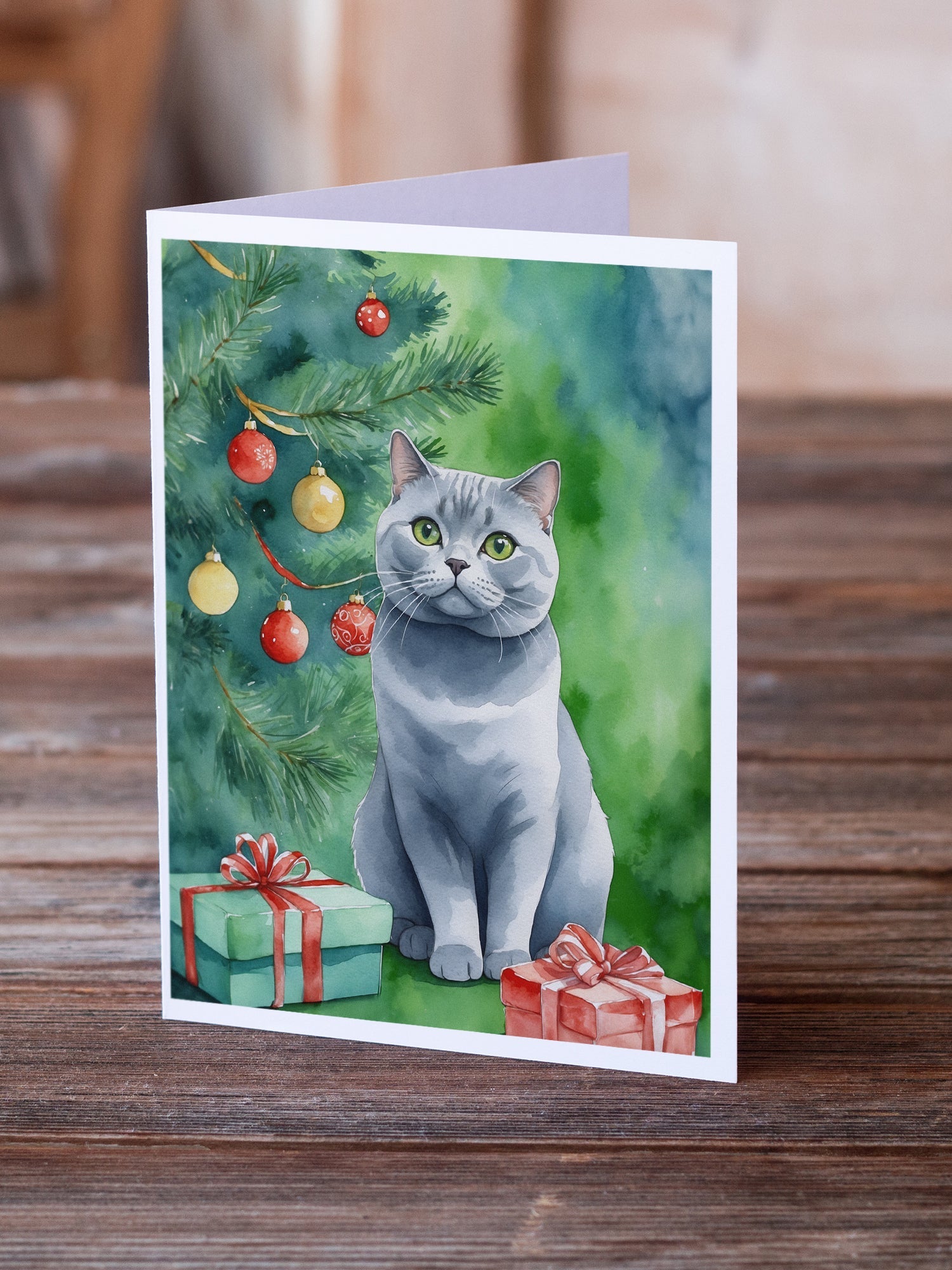 British Shorthair Cat By the Christmas Tree Greeting Cards Pack of 8 Blank Cards with Envelopes Whimsical A7 Size 5x7