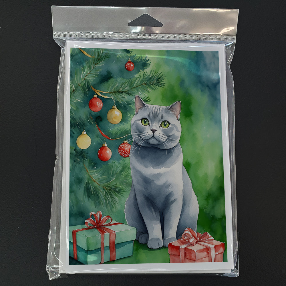 British Shorthair Cat By the Christmas Tree Greeting Cards Pack of 8 Blank Cards with Envelopes Whimsical A7 Size 5x7