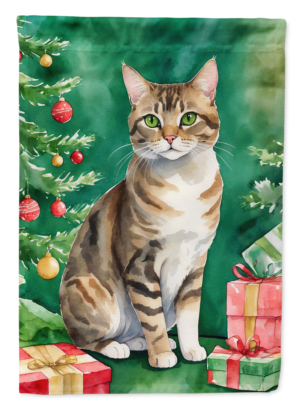 California Spangled Cat By the Christmas Tree House Flag 28x40 Porch Sleeve Pole Decorative Outside Yard Banner Artwork Wall Hanging, Polyester