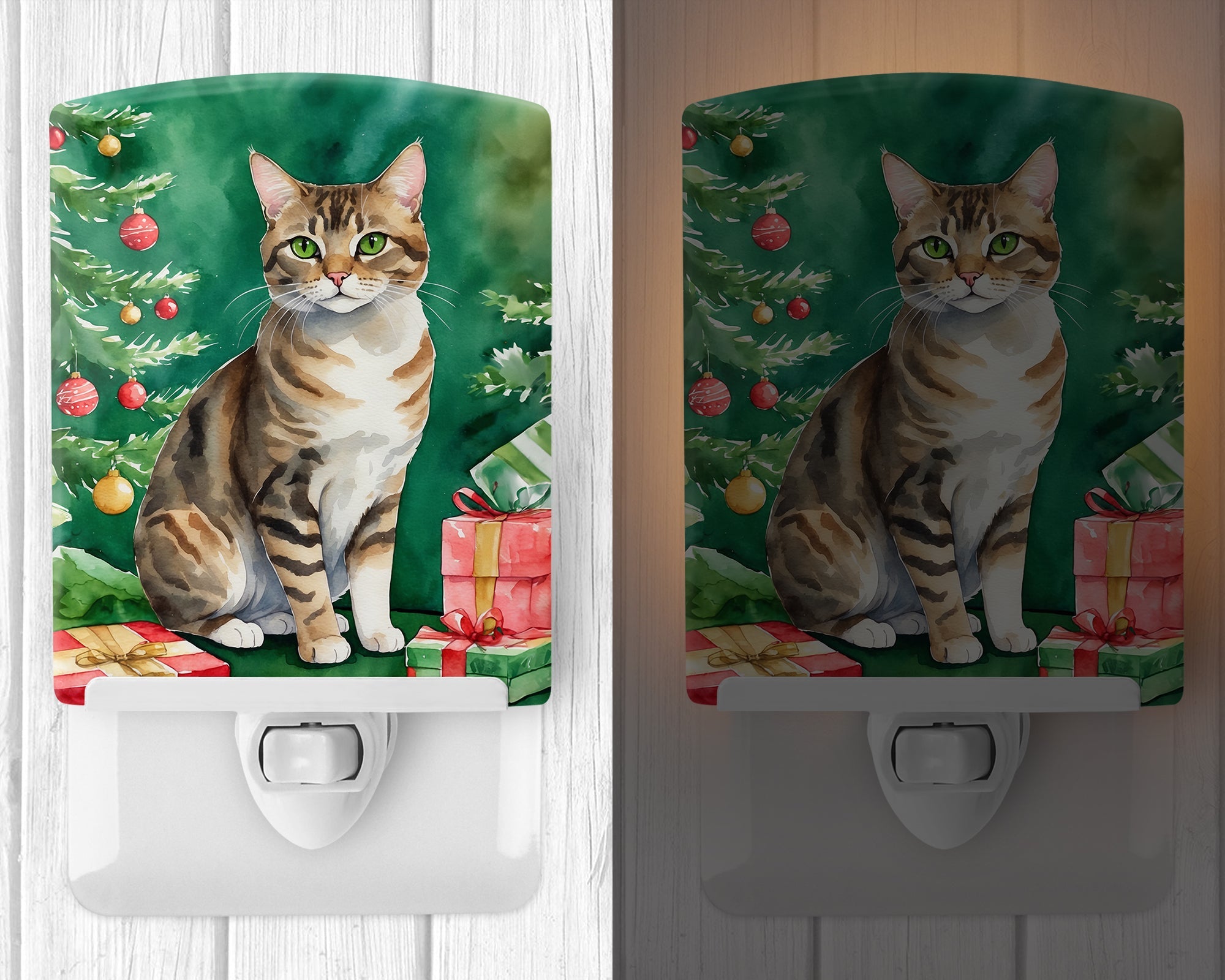 California Spangled Cat By the Christmas Tree Ceramic Night Light Compact, UL-Certified, Ideal for Bedroom, Bathroom, Nursery, Hallway, Kitchen, 6x4x3, Multicolor
