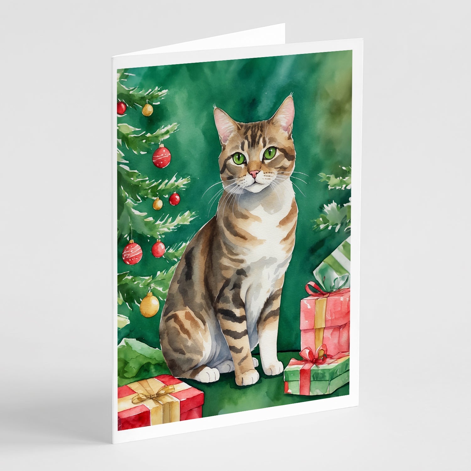 California Spangled Cat By the Christmas Tree Greeting Cards Pack of 8 Blank Cards with Envelopes Whimsical A7 Size 5x7