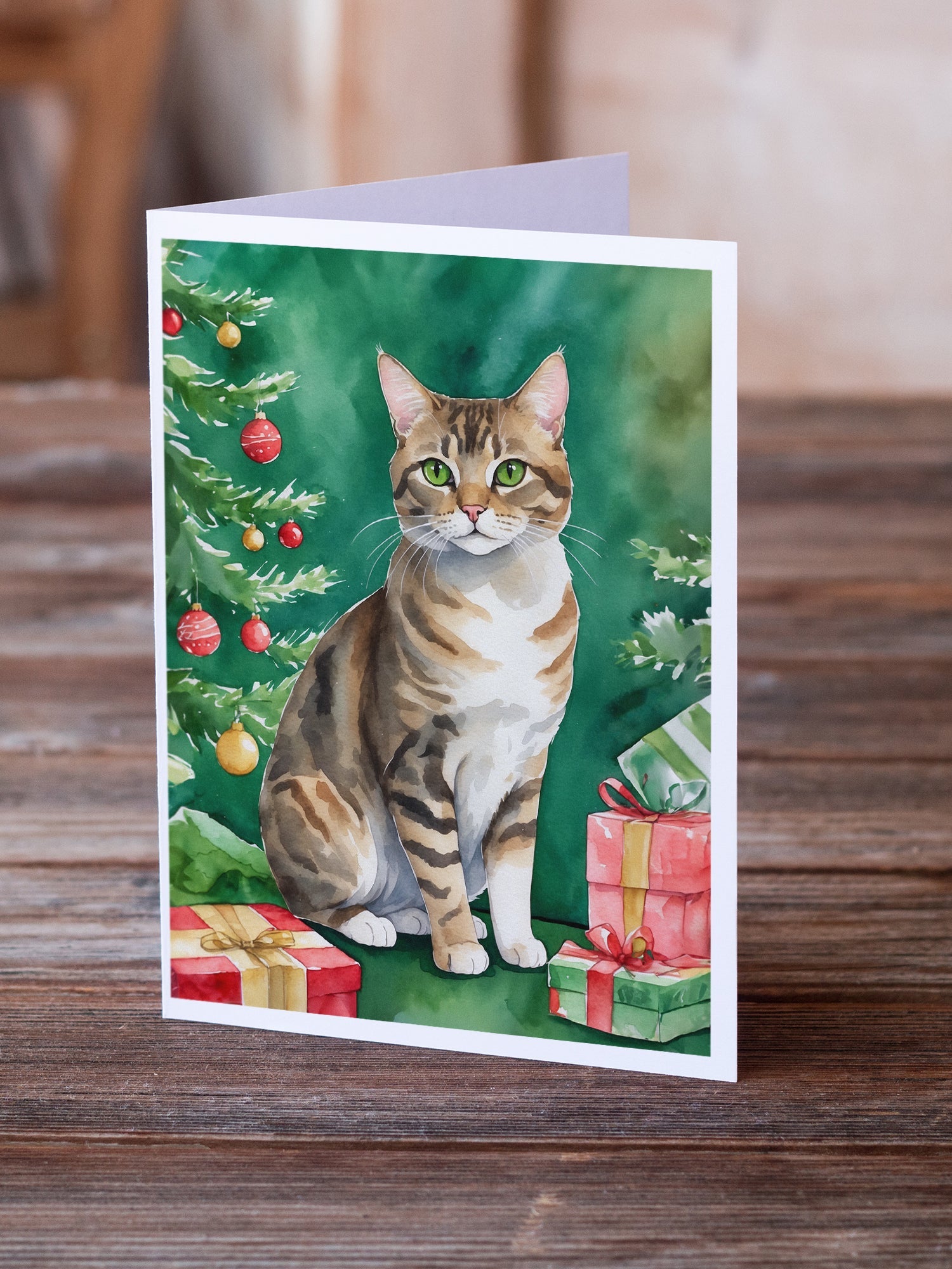 California Spangled Cat By the Christmas Tree Greeting Cards Pack of 8 Blank Cards with Envelopes Whimsical A7 Size 5x7