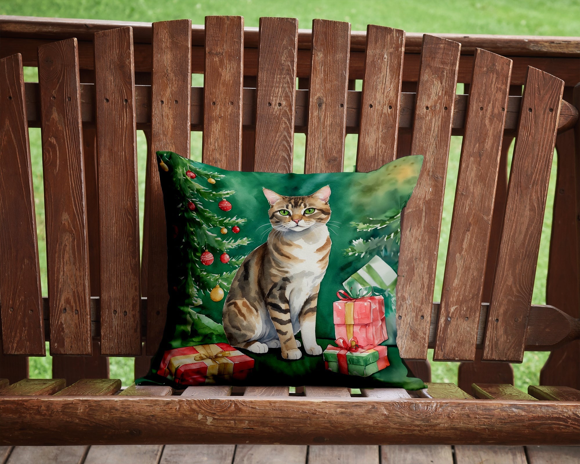 California Spangled Cat By the Christmas Tree Decorative Throw Pillow 14x14 Indoor Outdoor Accent Cushion, Fabric Cover with Insert for Sofa, Bed, Porch & Living Room