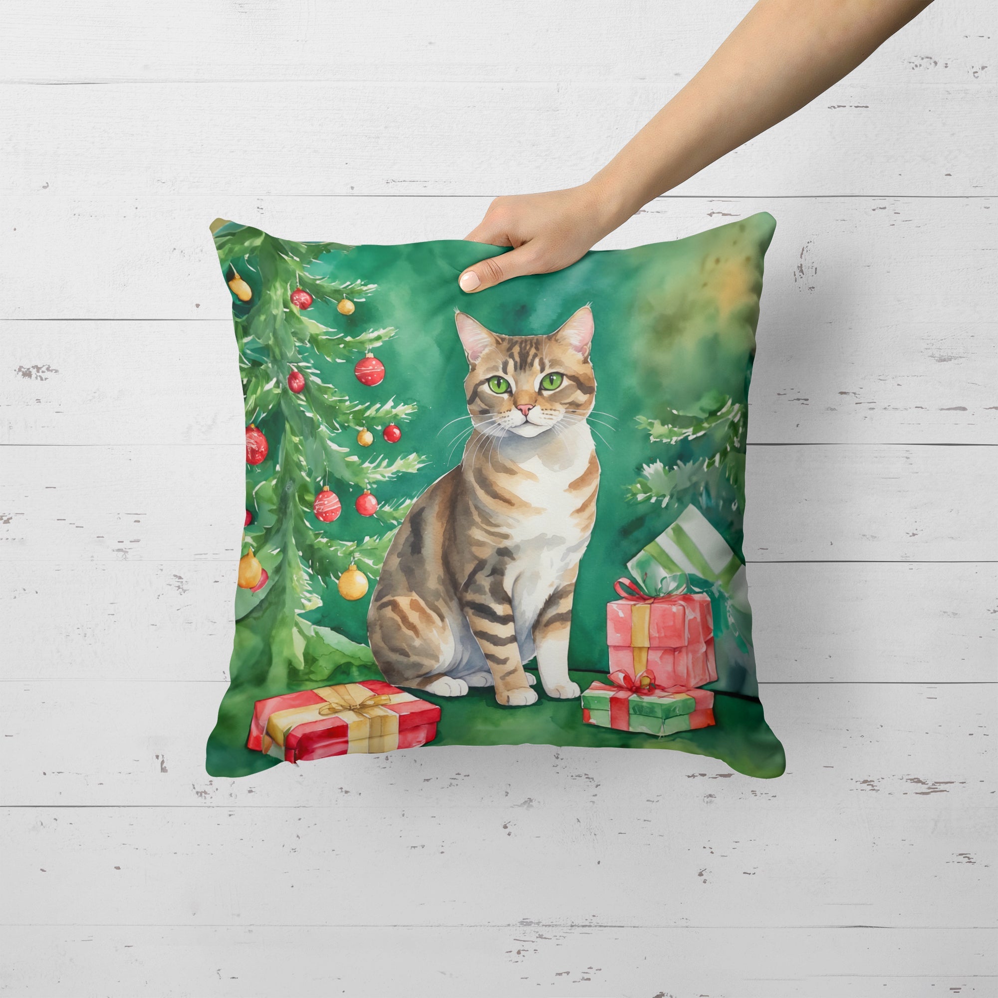 California Spangled Cat By the Christmas Tree Decorative Throw Pillow 18x18 Indoor Outdoor Accent Cushion, Fabric Cover with Insert for Sofa, Bed, Porch & Living Room