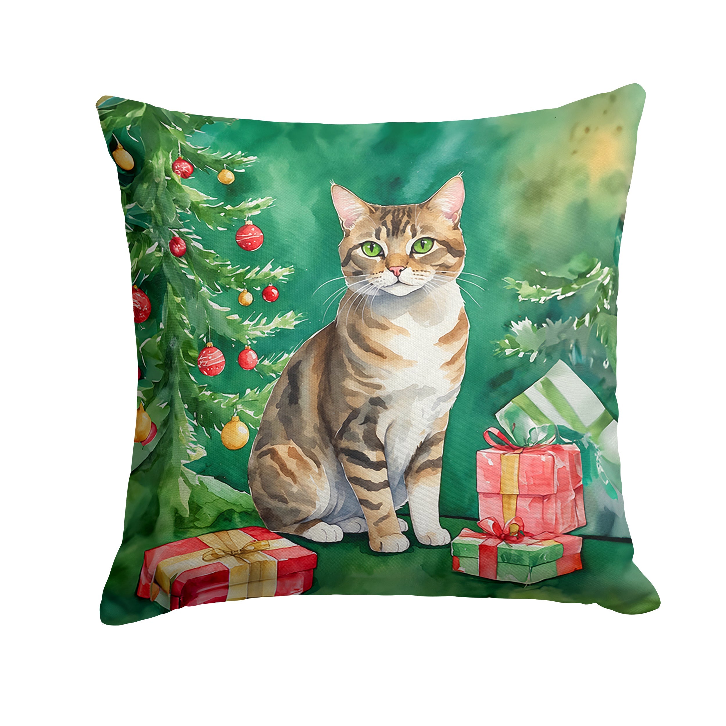 California Spangled Cat By the Christmas Tree Decorative Throw Pillow 18x18 Indoor Outdoor Accent Cushion, Fabric Cover with Insert for Sofa, Bed, Porch & Living Room