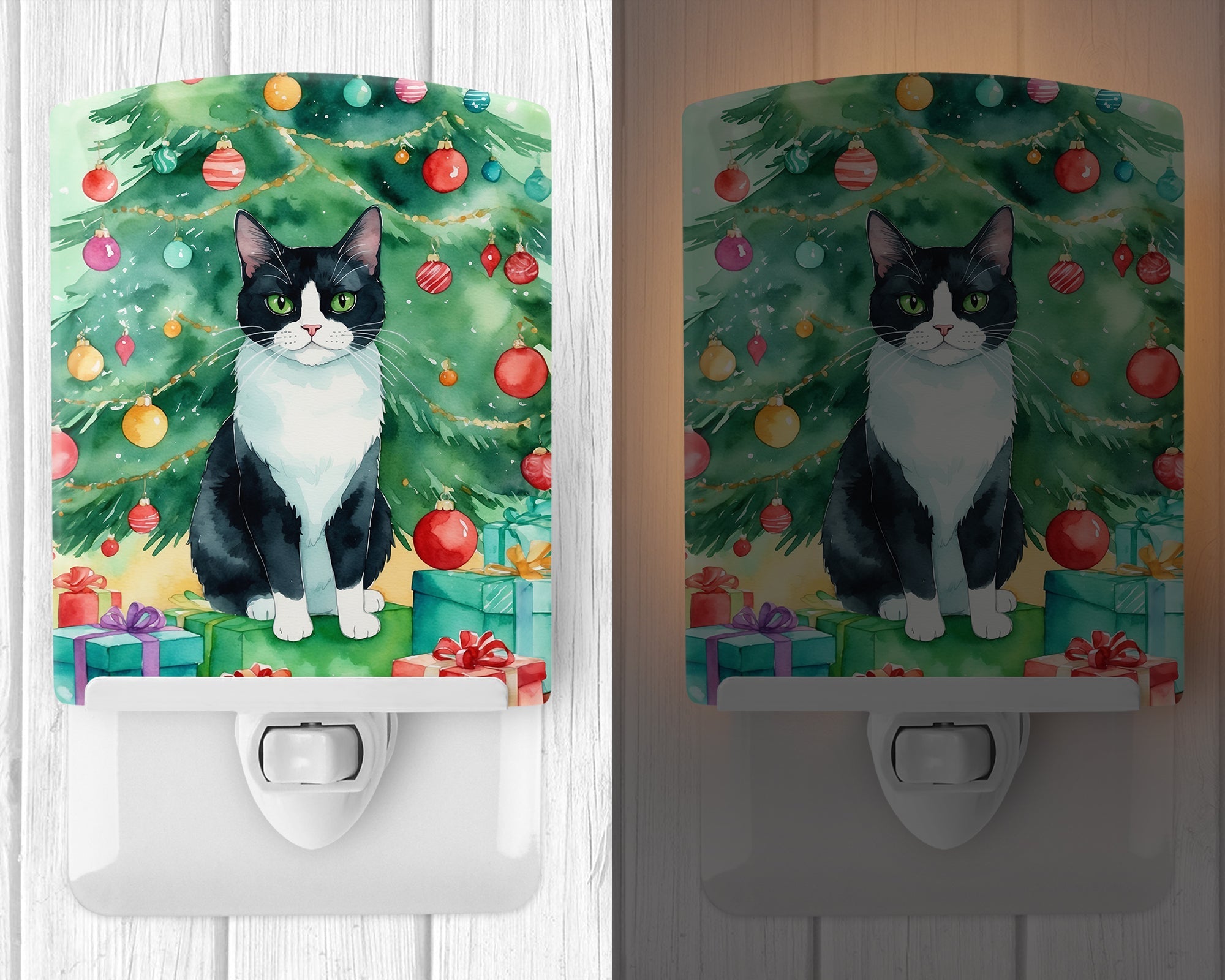 Chantilly Tiffany Cat By the Christmas Tree Ceramic Night Light Compact, UL-Certified, Ideal for Bedroom, Bathroom, Nursery, Hallway, Kitchen, 6x4x3, Multicolor