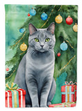 Chartreux Cat By the Christmas Tree House Flag 28x40 Porch Sleeve Pole Decorative Outside Yard Banner Artwork Wall Hanging, Polyester
