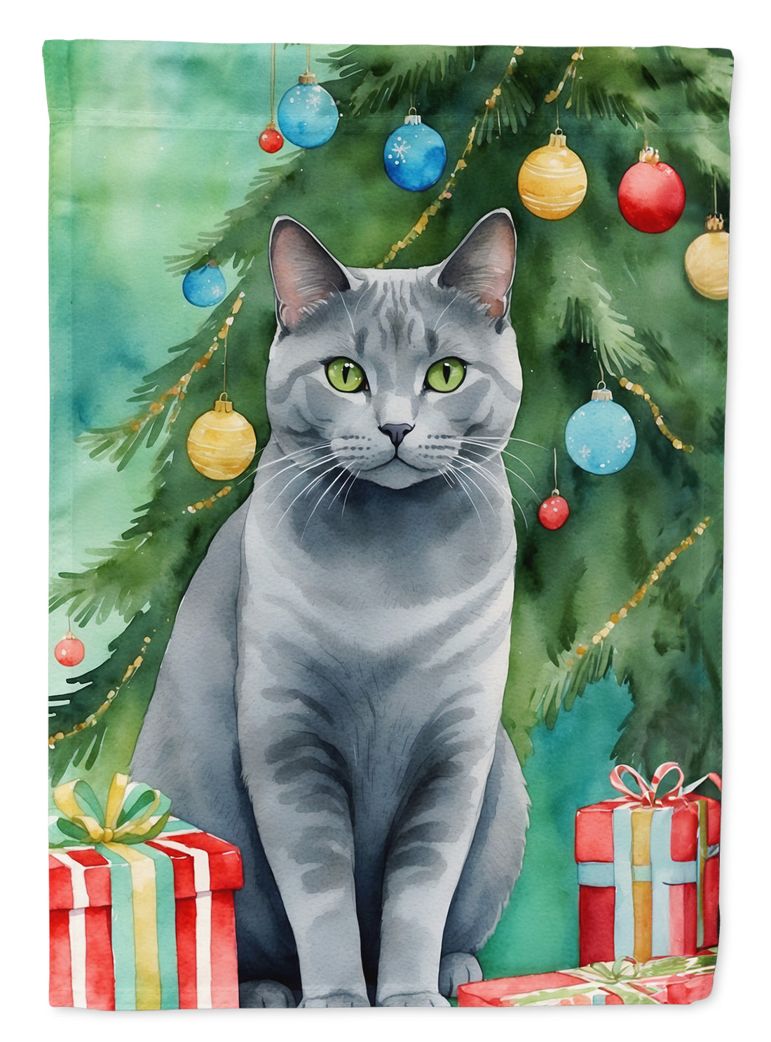Chartreux Cat By the Christmas Tree House Flag 28x40 Porch Sleeve Pole Decorative Outside Yard Banner Artwork Wall Hanging, Polyester