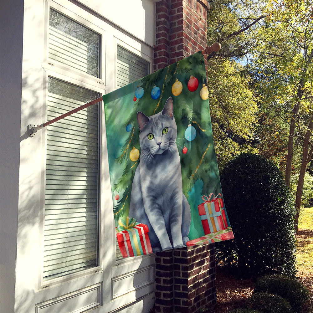 Chartreux Cat By the Christmas Tree House Flag 28x40 Porch Sleeve Pole Decorative Outside Yard Banner Artwork Wall Hanging, Polyester