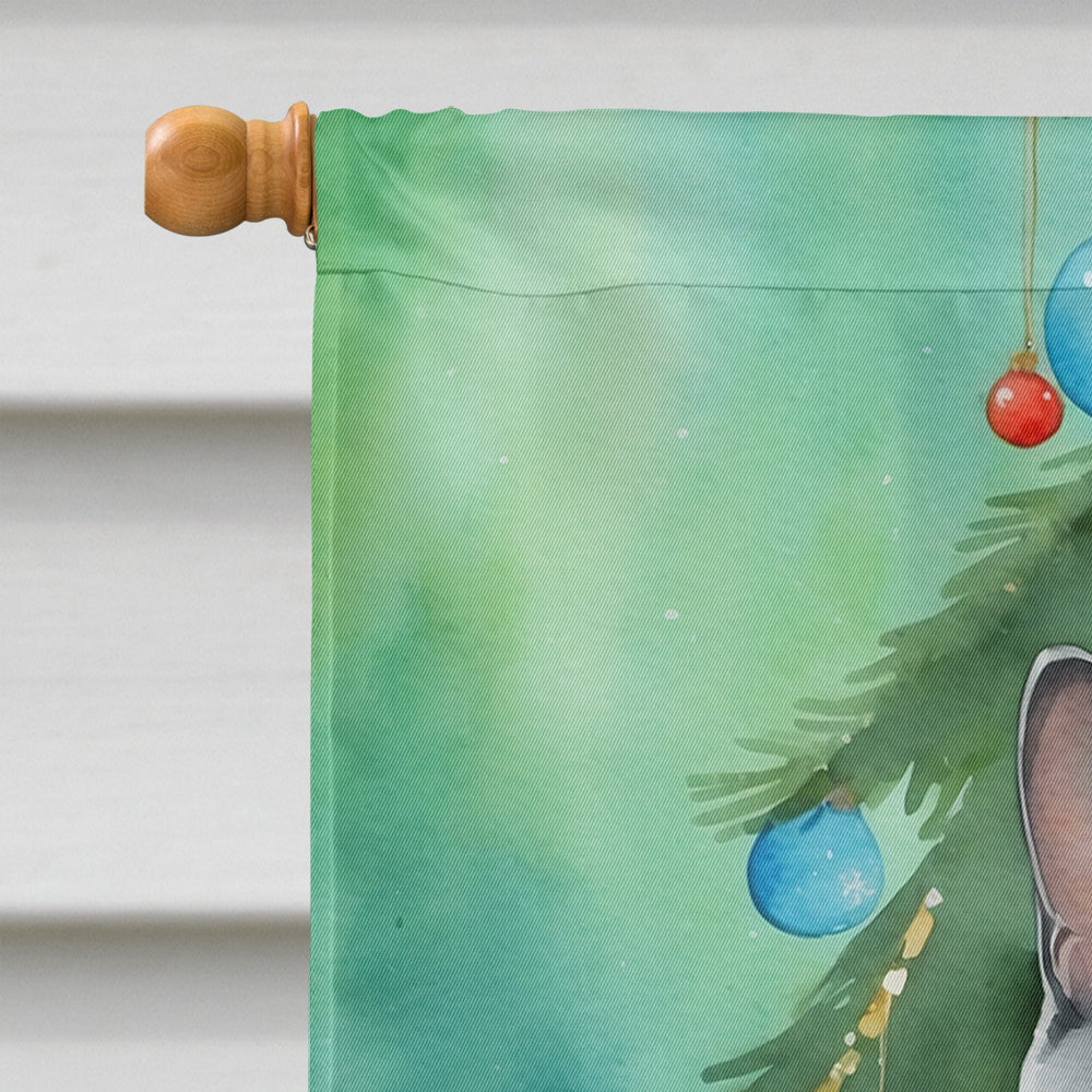 Chartreux Cat By the Christmas Tree House Flag 28x40 Porch Sleeve Pole Decorative Outside Yard Banner Artwork Wall Hanging, Polyester