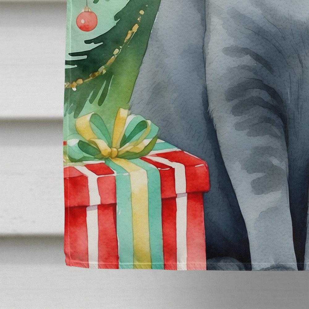 Chartreux Cat By the Christmas Tree House Flag 28x40 Porch Sleeve Pole Decorative Outside Yard Banner Artwork Wall Hanging, Polyester