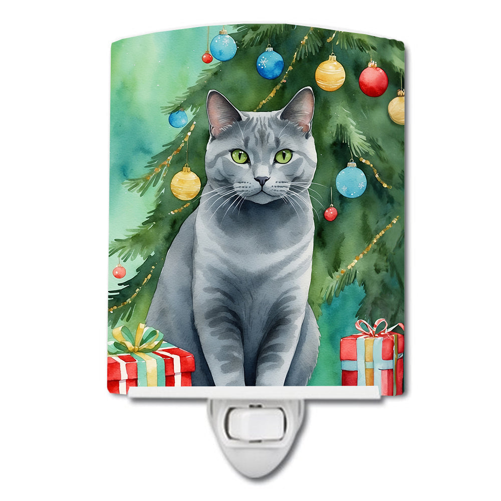 Chartreux Cat By the Christmas Tree Ceramic Night Light Compact, UL-Certified, Ideal for Bedroom, Bathroom, Nursery, Hallway, Kitchen, 6x4x3, Multicolor