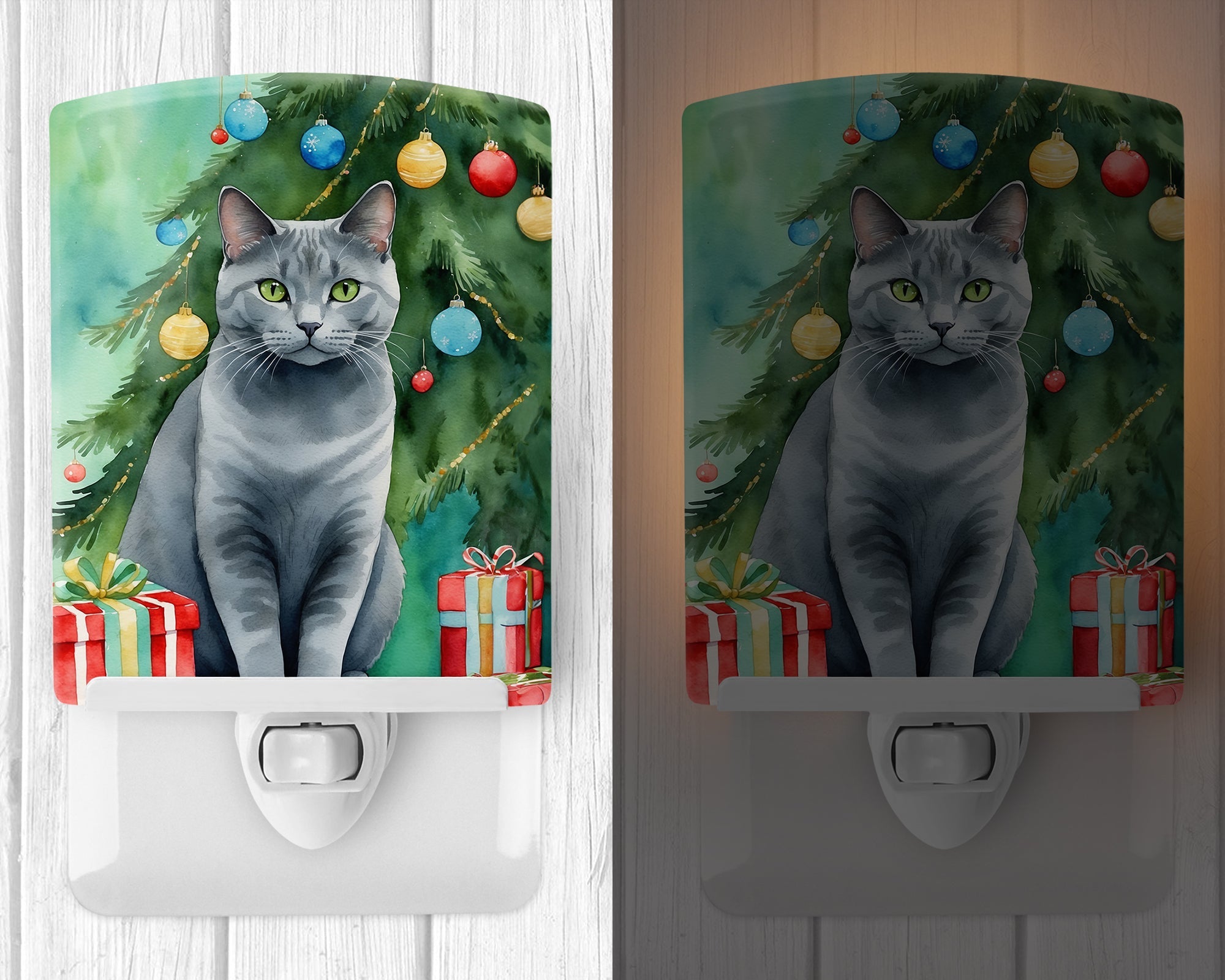 Chartreux Cat By the Christmas Tree Ceramic Night Light Compact, UL-Certified, Ideal for Bedroom, Bathroom, Nursery, Hallway, Kitchen, 6x4x3, Multicolor