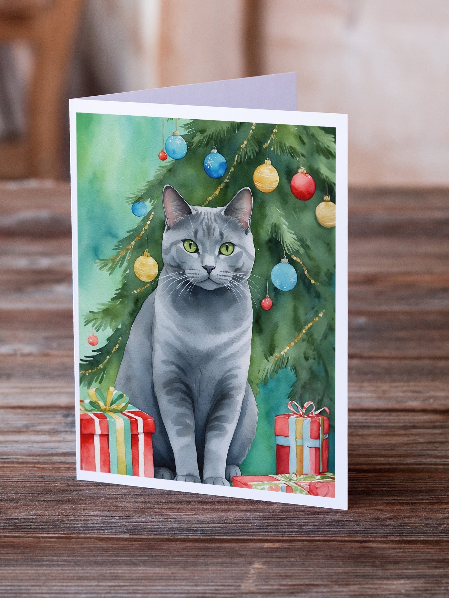 Chartreux Cat By the Christmas Tree Greeting Cards Pack of 8 Blank Cards with Envelopes Whimsical A7 Size 5x7