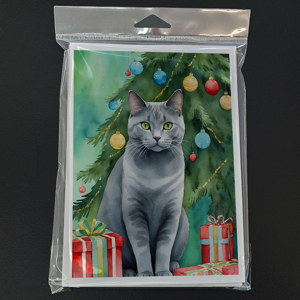 Chartreux Cat By the Christmas Tree Greeting Cards Pack of 8 Blank Cards with Envelopes Whimsical A7 Size 5x7