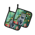 Chartreux Cat By the Christmas Tree Pot Holder Set of 2 Heat Resistant Quilted Hot Pads 7.5 x 7.5 Inch, Insulated Kitchen Trivets for Cooking & Baking