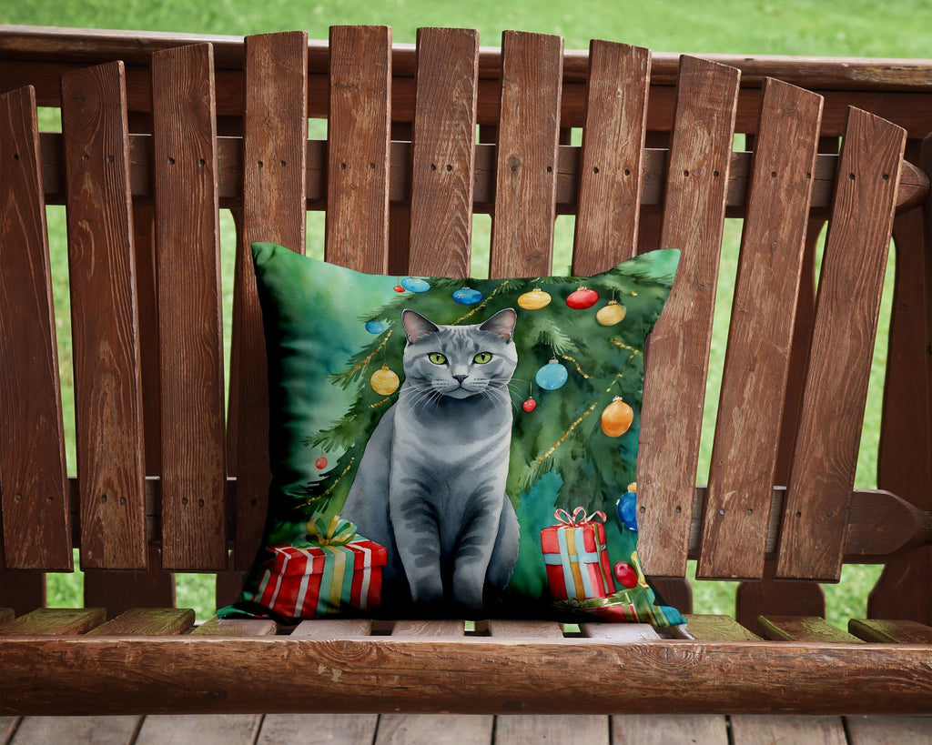 Chartreux Cat By the Christmas Tree Decorative Throw Pillow 14x14 Indoor Outdoor Accent Cushion, Fabric Cover with Insert for Sofa, Bed, Porch & Living Room