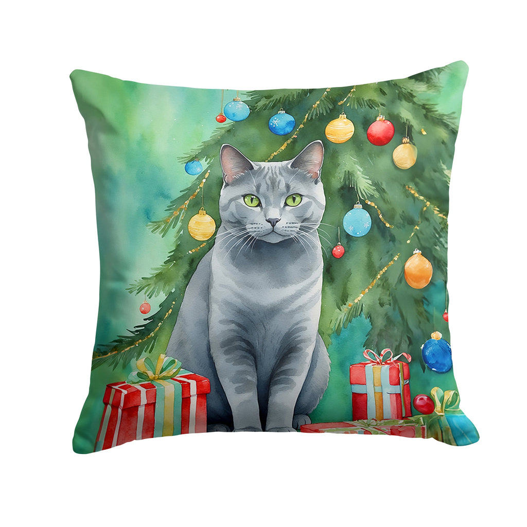 Chartreux Cat By the Christmas Tree Decorative Throw Pillow 14x14 Indoor Outdoor Accent Cushion, Fabric Cover with Insert for Sofa, Bed, Porch & Living Room