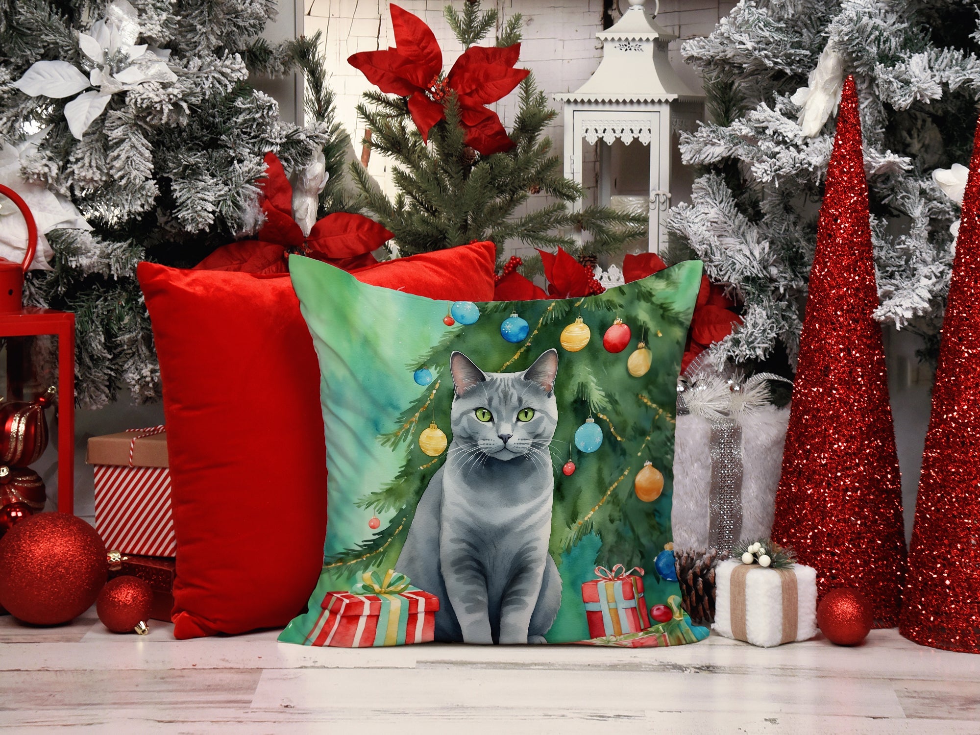 Chartreux Cat By the Christmas Tree Decorative Throw Pillow 18x18 Indoor Outdoor Accent Cushion, Fabric Cover with Insert for Sofa, Bed, Porch & Living Room
