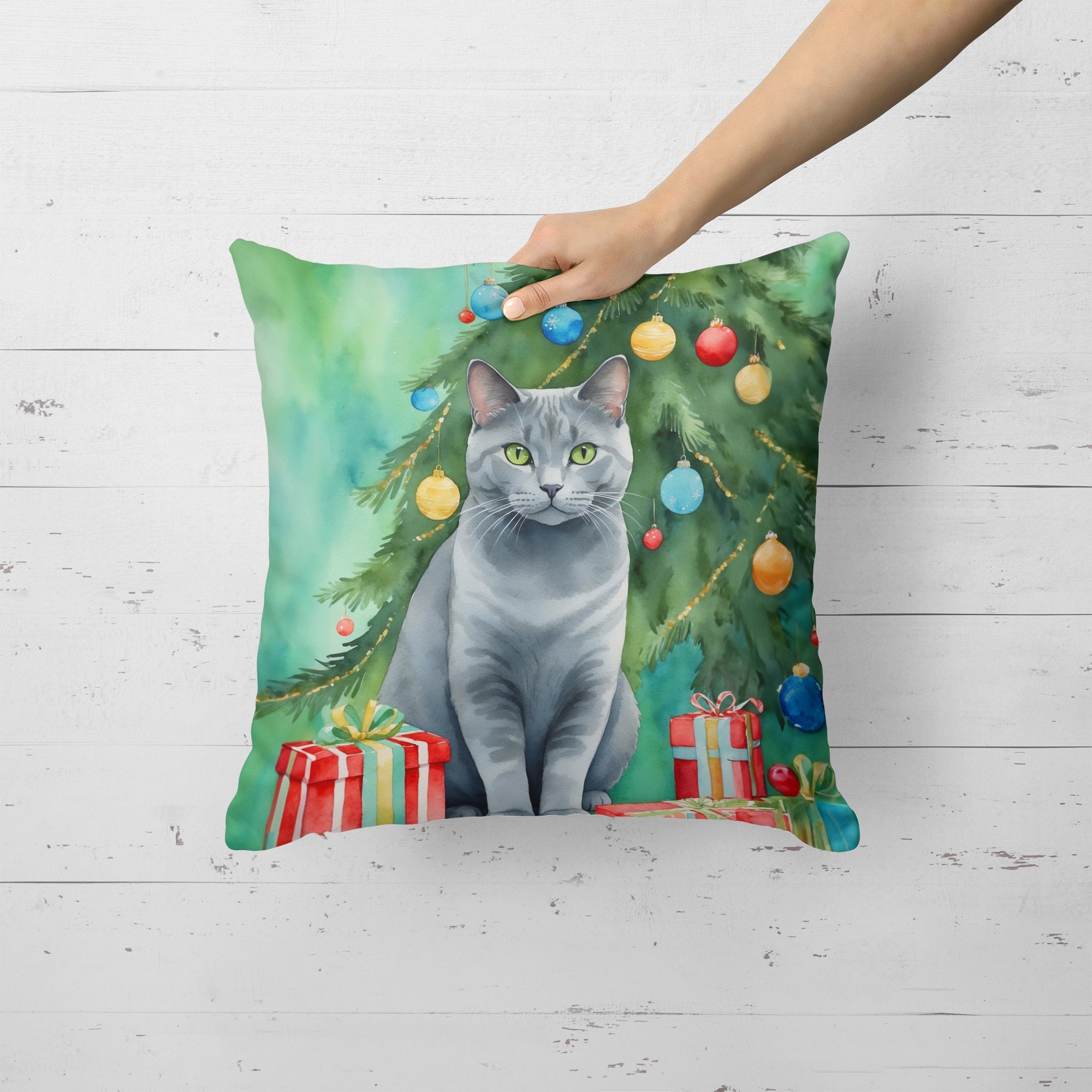 Chartreux Cat By the Christmas Tree Decorative Throw Pillow 18x18 Indoor Outdoor Accent Cushion, Fabric Cover with Insert for Sofa, Bed, Porch & Living Room