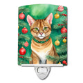 Chausie Cat By the Christmas Tree Ceramic Night Light Compact, UL-Certified, Ideal for Bedroom, Bathroom, Nursery, Hallway, Kitchen, 6x4x3, Multicolor