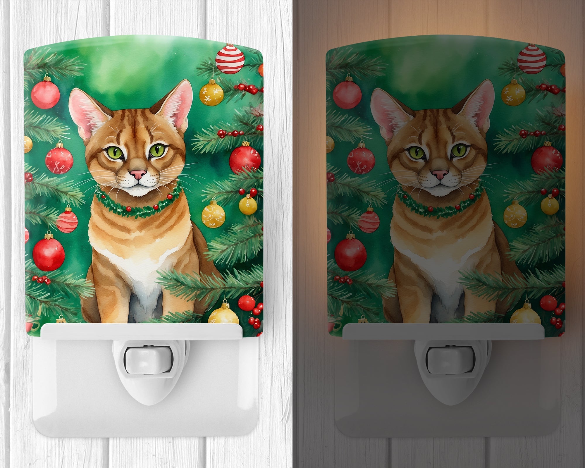 Chausie Cat By the Christmas Tree Ceramic Night Light Compact, UL-Certified, Ideal for Bedroom, Bathroom, Nursery, Hallway, Kitchen, 6x4x3, Multicolor