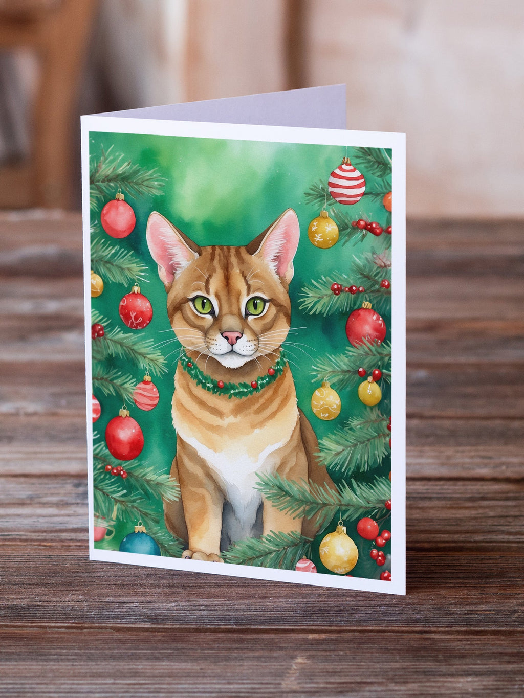 Chausie Cat By the Christmas Tree Greeting Cards Pack of 8 Blank Cards with Envelopes Whimsical A7 Size 5x7