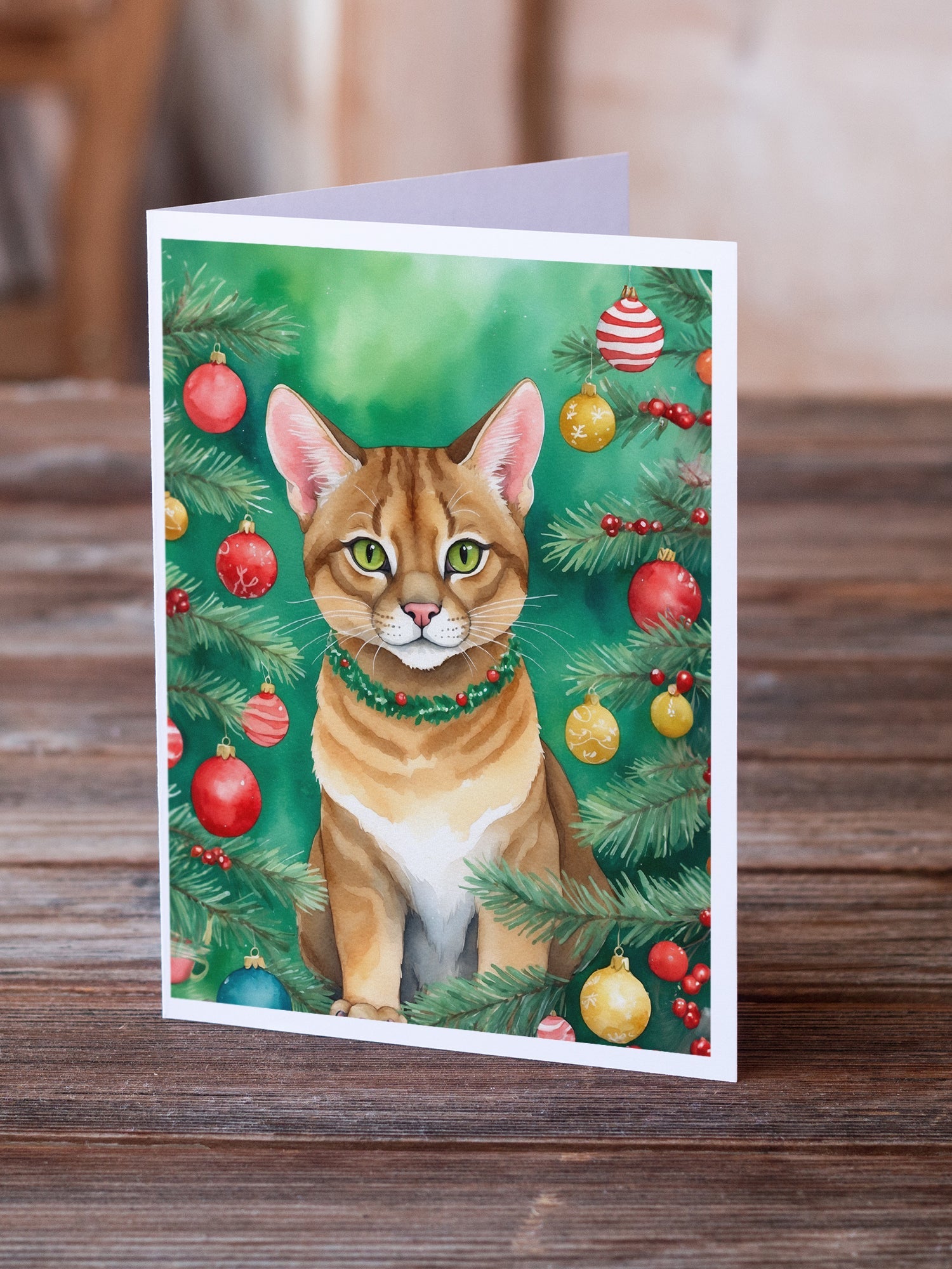 Chausie Cat By the Christmas Tree Greeting Cards Pack of 8 Blank Cards with Envelopes Whimsical A7 Size 5x7